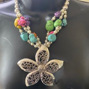 Multi Color stoned necklace with silver brooch